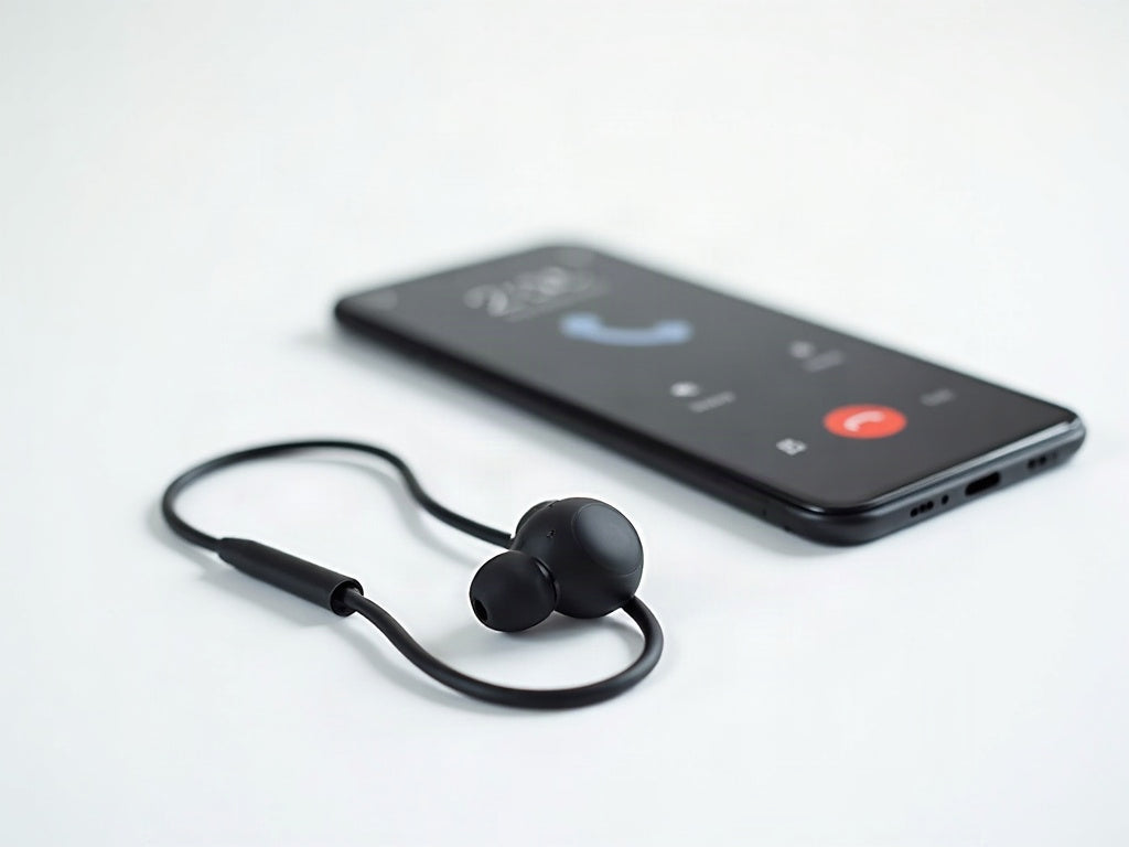 Clip-on wireless earbud with silicone lanyard next to a smartphone call screen