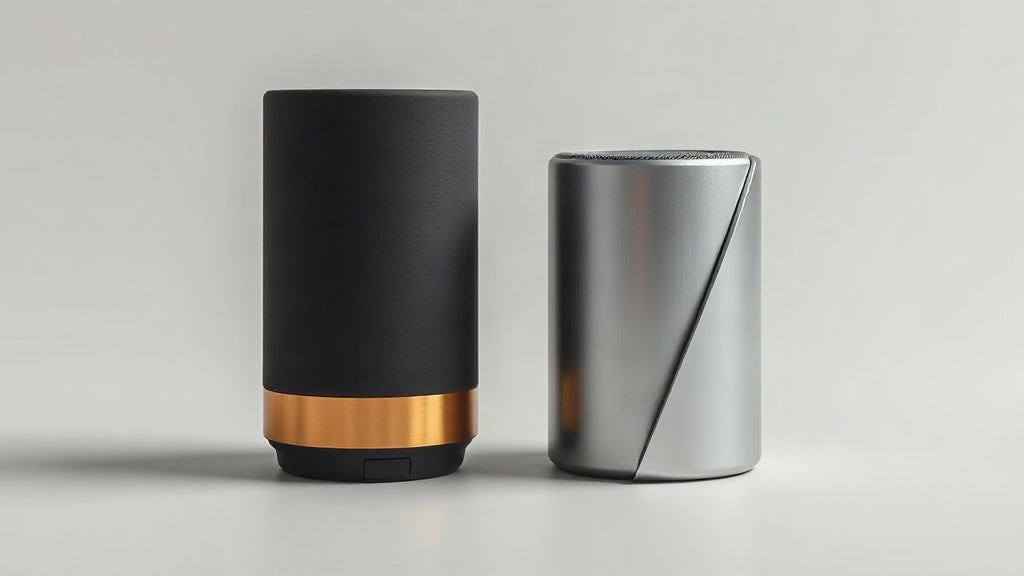 Two compact cylindrical portable speakers side by side on a light studio surface, the silver-accented Lamborghini-inspired finish next to a standard black and gold finish