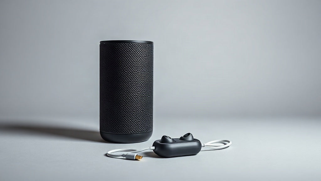 Matte-black portable Bluetooth speaker with a coiled USB-C charging cable and a pair of open-ear clip-on earbuds on their charging case, illustrating a guide to battery lifespan and care.