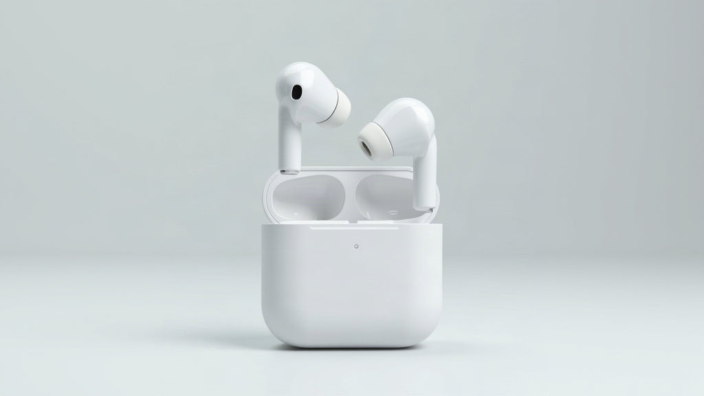 True wireless earbuds floating above an open charging case on a clean studio background