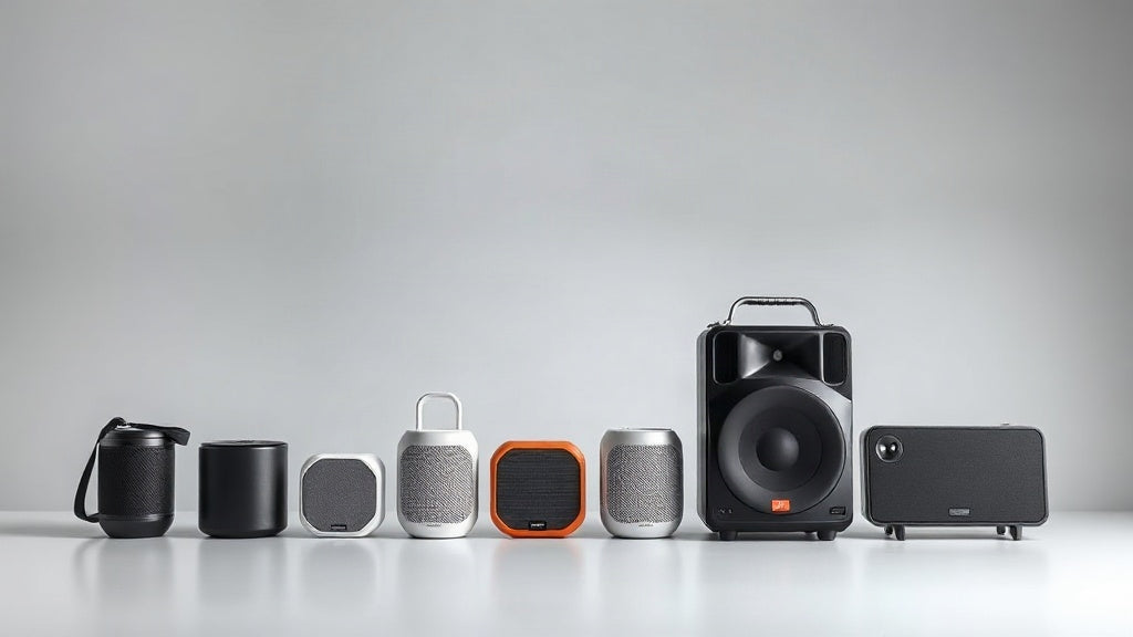 A lineup of eight portable bluetooth speakers arranged from compact to party size on a light studio background
