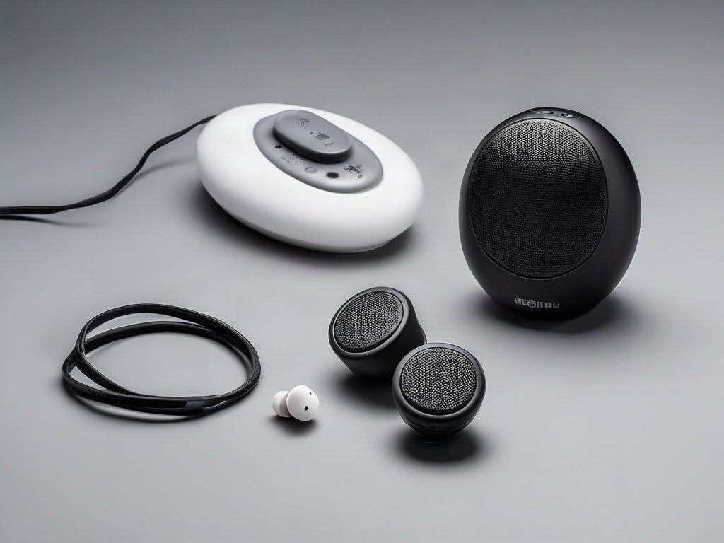A genuine BUGANi Bluetooth speaker and open-ear earbuds with a magnifying glass, illustrating how to verify authentic BUGANi products