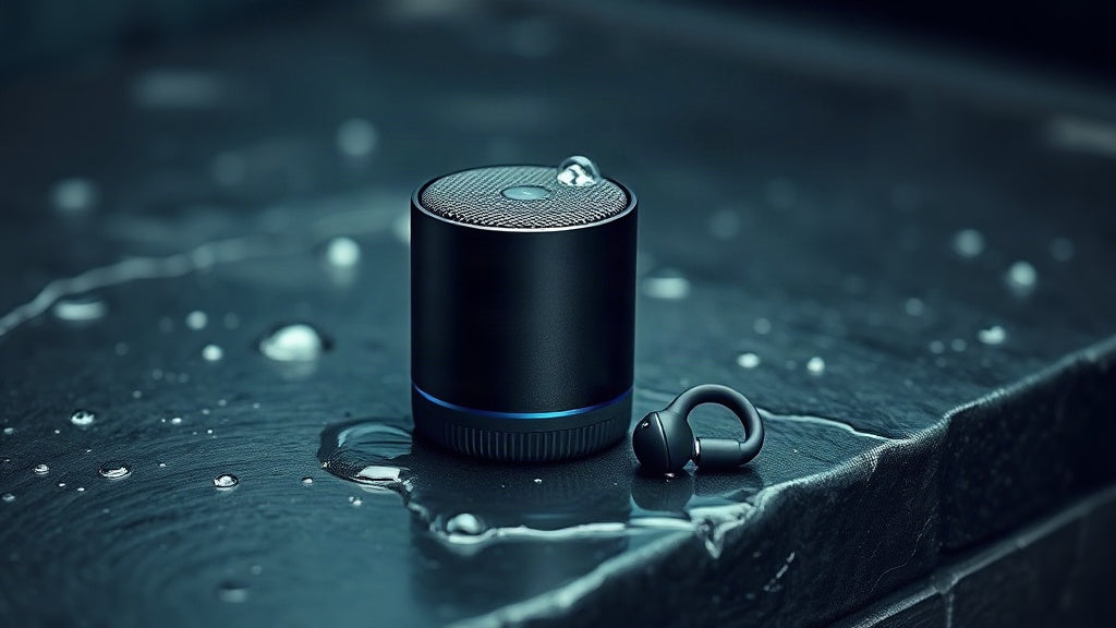 A compact matte-black portable Bluetooth speaker standing on wet stone with water droplets and a light splash, beside an open-ear wireless earbud, clean studio product photography