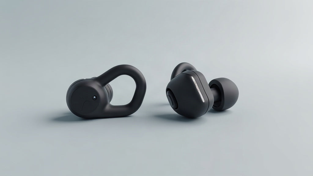 BUGANi Free B16 ear-hook earbuds and Clip B21 clip-on earbuds with lanyard compared side by side