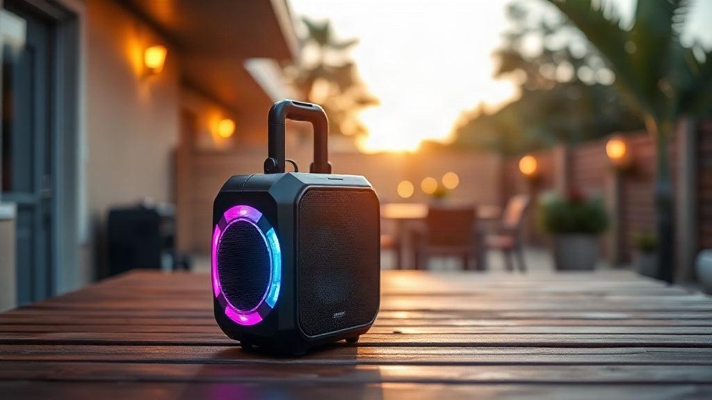 BUGANi portable Bluetooth speaker with adaptive indoor and outdoor sound modes at dusk