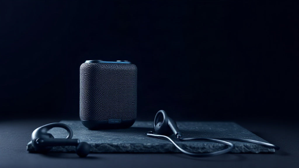 Portable Bluetooth speaker beside open-ear wireless earbuds on a dark surface, illustrating a guide to LE Audio, LC3 and codec latency figures.