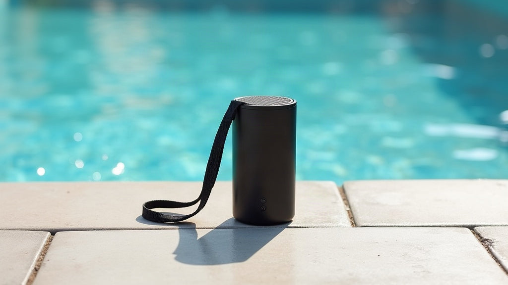 BUGANi Brief Go compact portable Bluetooth speaker with IPX7 waterproofing, shown poolside with its carry strap