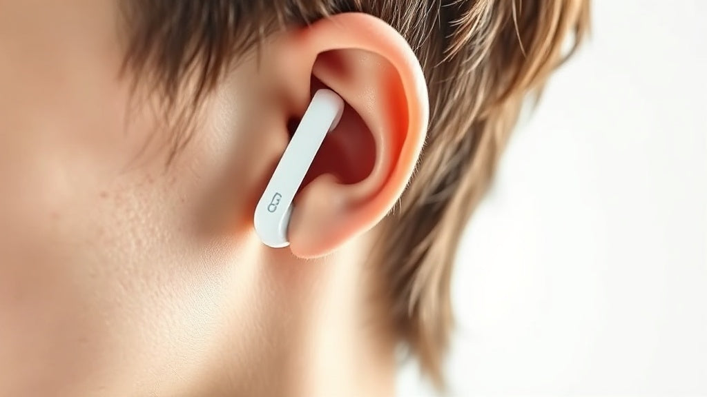 Clip-on wireless earbuds worn on an ear, close-up product shot