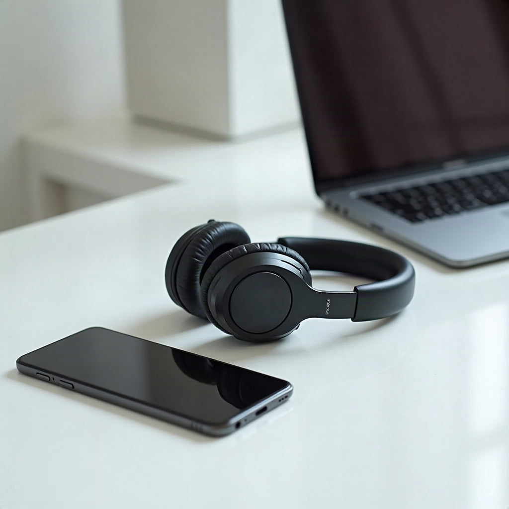 Wireless over-ear headphones connected to a smartphone and a laptop at the same time