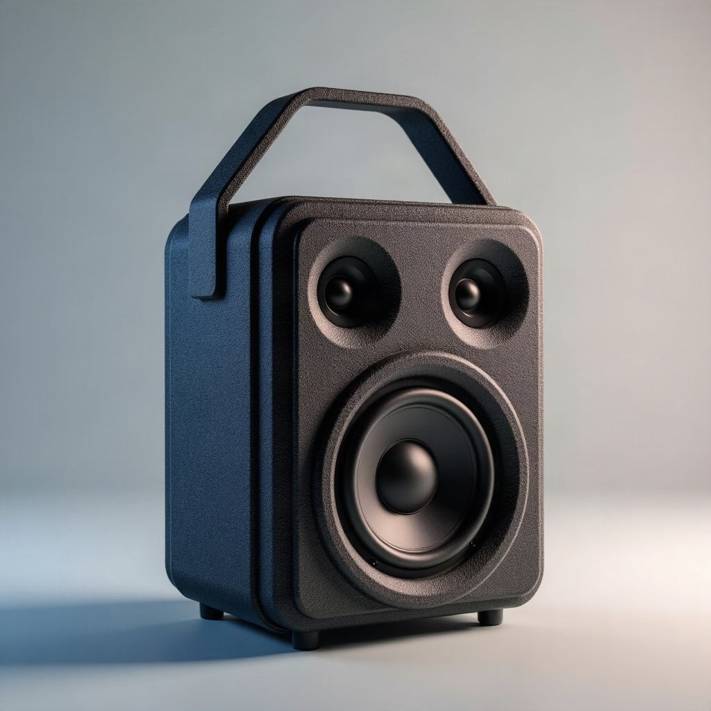BUGANi Brief Pro portable Bluetooth speaker with carry handle on a studio background