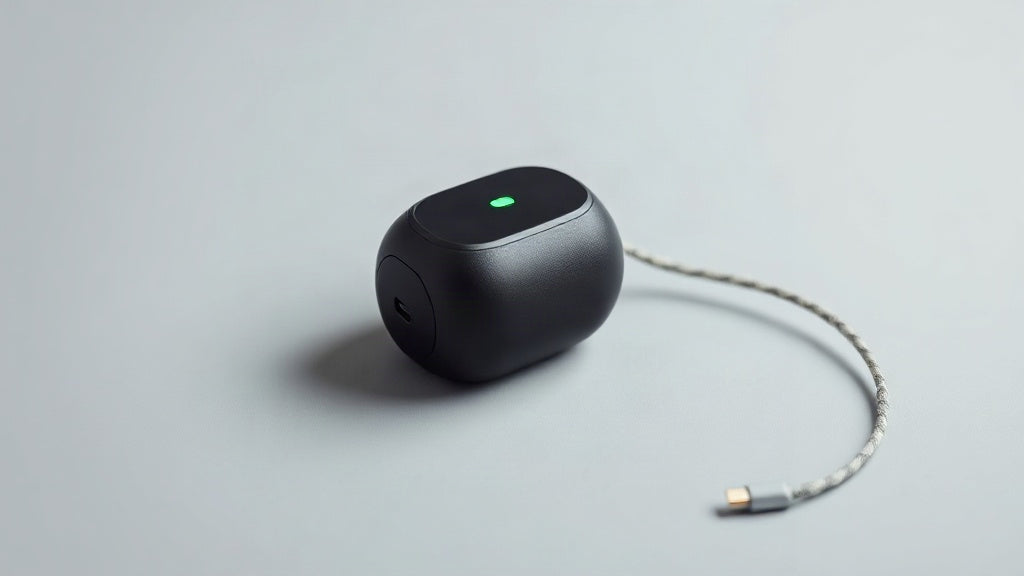 A portable Bluetooth speaker charging from a USB-C cable on a clean desk, with the charging indicator lit