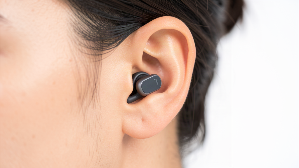 Open-ear wireless earbuds worn on an ear, showing the open design that lets sound escape