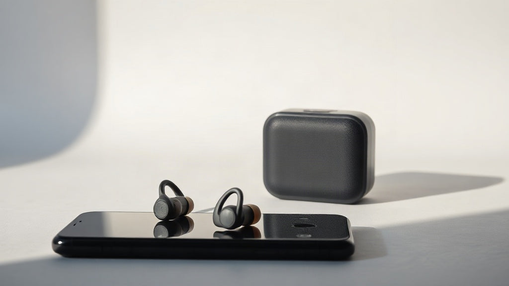 Compact portable Bluetooth speaker and open-ear wireless earbuds beside a smartphone on a light grey studio background