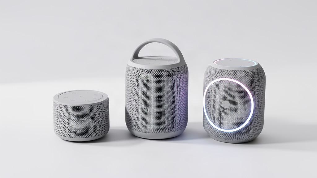 Three portable Bluetooth speakers of different sizes arranged on a studio surface for comparison