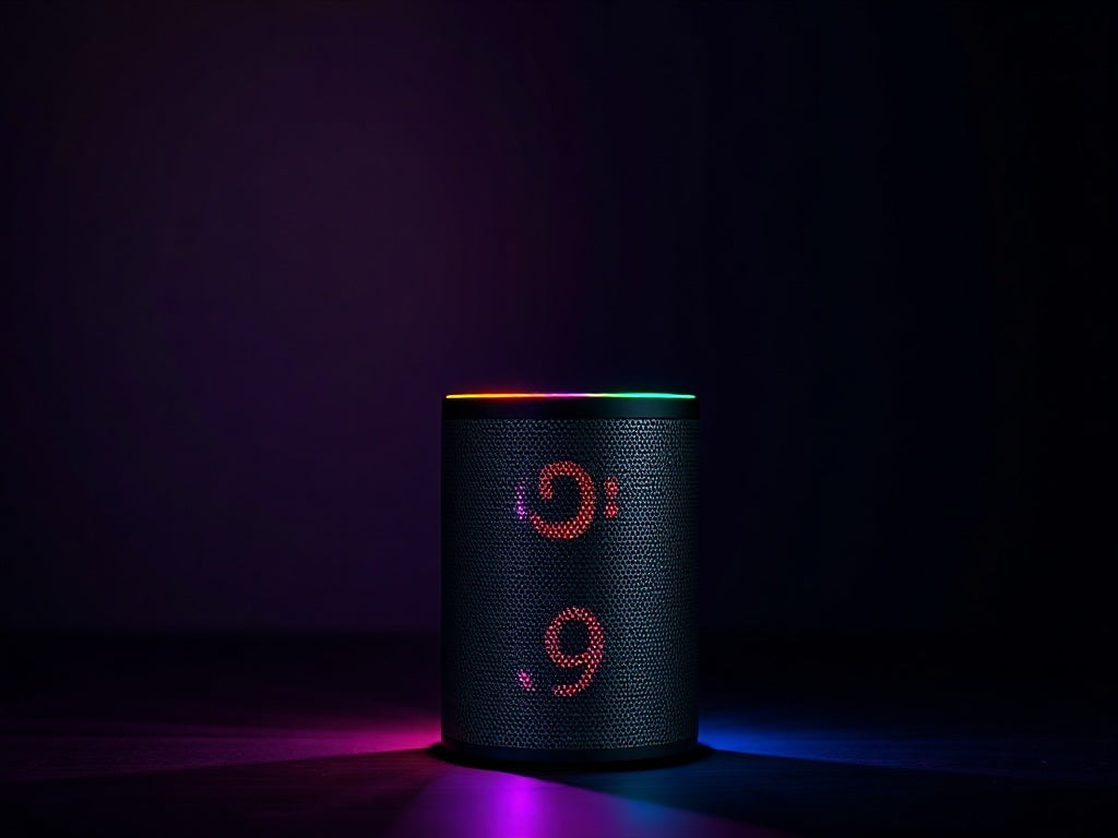 Compact portable Bluetooth speaker with colorful RGB lighting effects in a dark room