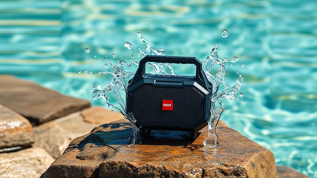 Waterproof Bluetooth speaker with water splash at a poolside