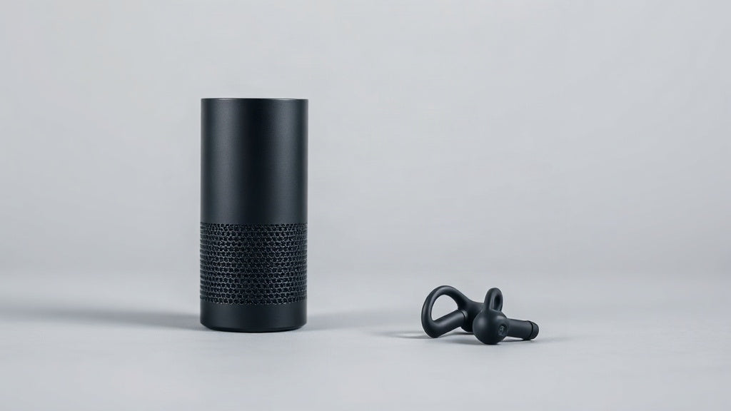 A compact BUGANi-style portable Bluetooth speaker and open-ear earbuds arranged side by side on a light studio surface