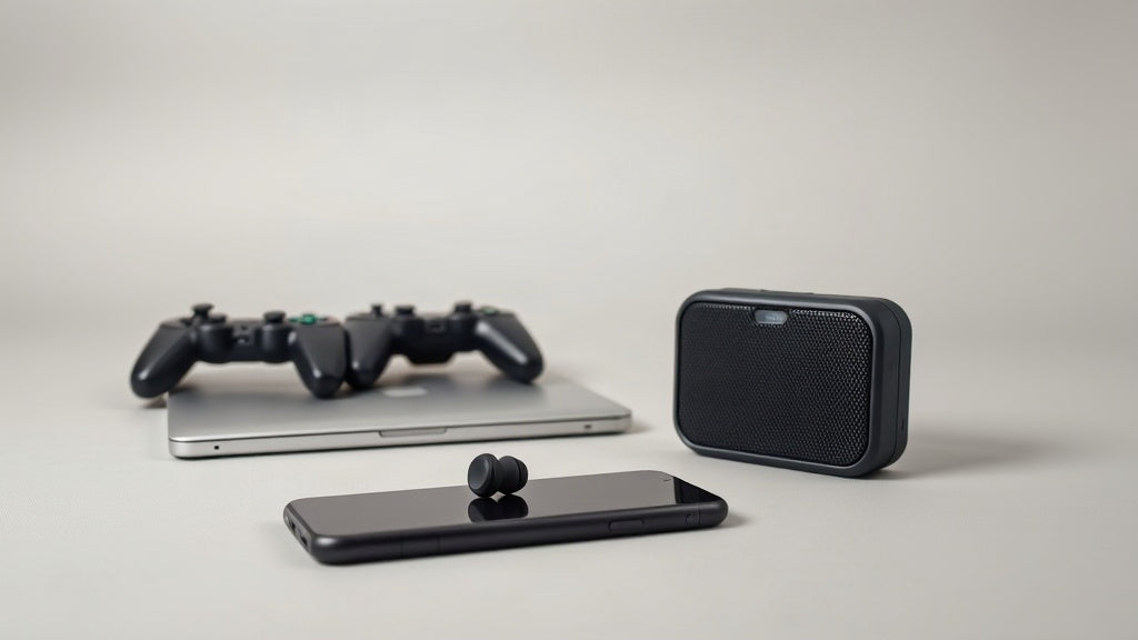 BUGANi open-ear earbuds and a portable Bluetooth speaker beside a phone, laptop and game controller on a clean desk