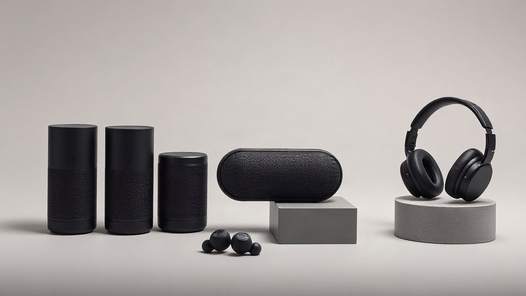 A family of BUGANi portable speakers, open-ear earbuds and headphones arranged on a light studio surface