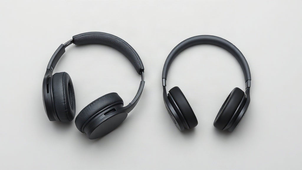 Two pairs of wireless headphones side by side on a light grey studio background - an over-ear active noise cancelling model and a slim open-ear band design