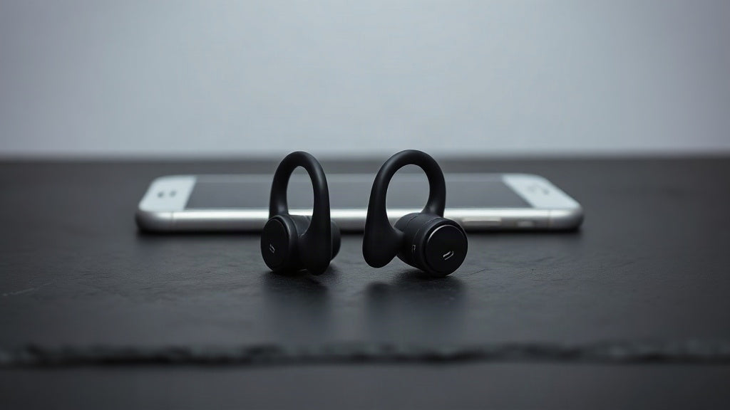 Matte black BUGANi open-ear clip earbuds on a dark slate surface with a soft-focus phone behind, studio product photo