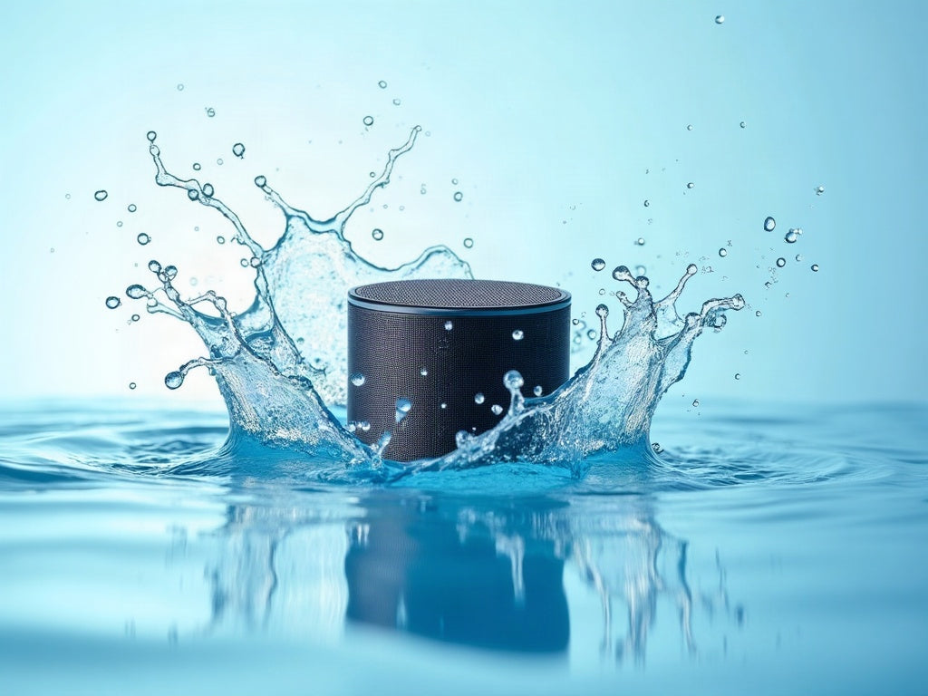 Compact cylindrical waterproof Bluetooth speaker surrounded by water droplets