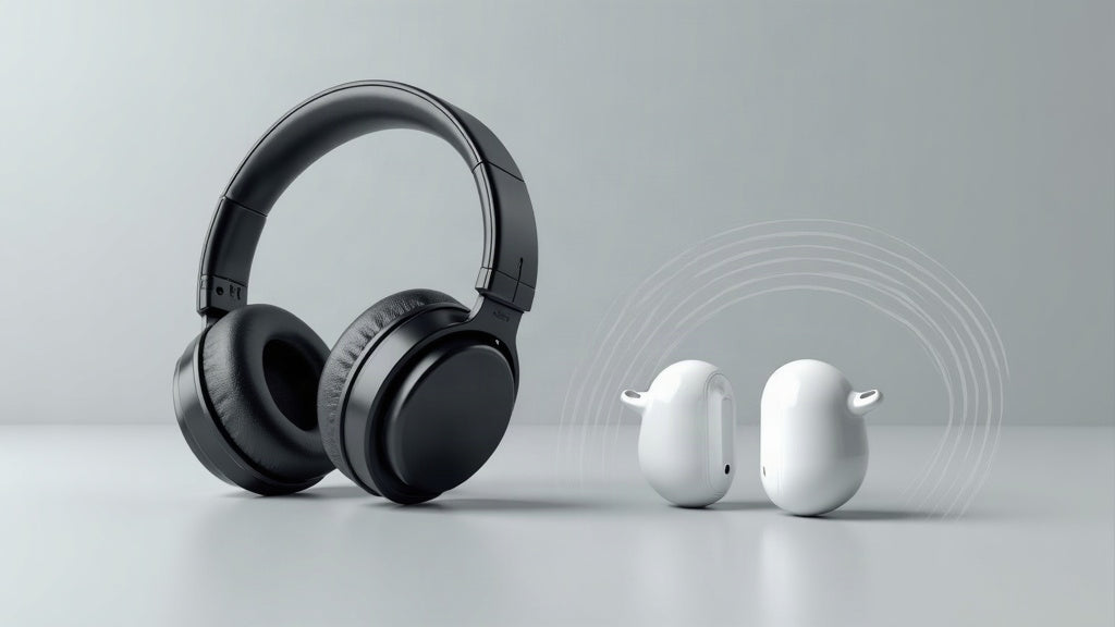 Over-ear ANC headphones and open-ear earbuds side by side, illustrating the difference between active noise cancelling and environmental noise cancellation