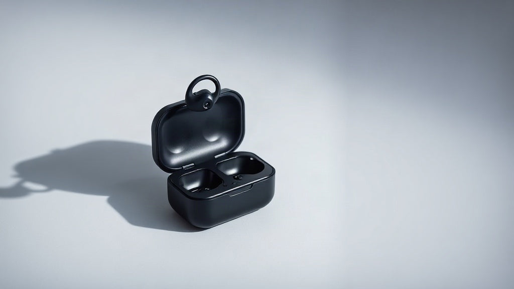 BUGANi Free B11 open-ear wireless earbuds with ear hooks above their charging case