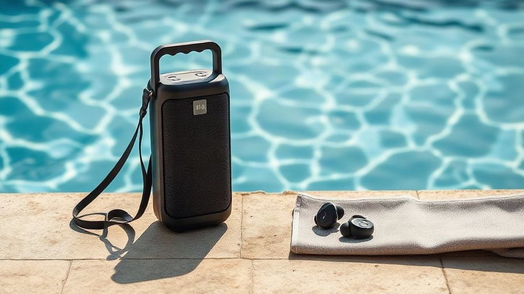 Hero image for an IPX4 vs IPX6 vs IPX7 comparison: a portable Bluetooth speaker with a carry strap beside a swimming pool with open-ear earbuds on a towel nearby