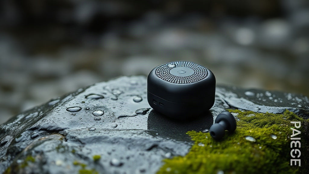 Matte black portable Bluetooth speaker and open-ear earbud with water droplets on a wet rock, illustrating what an IPX5 water-jet rating covers