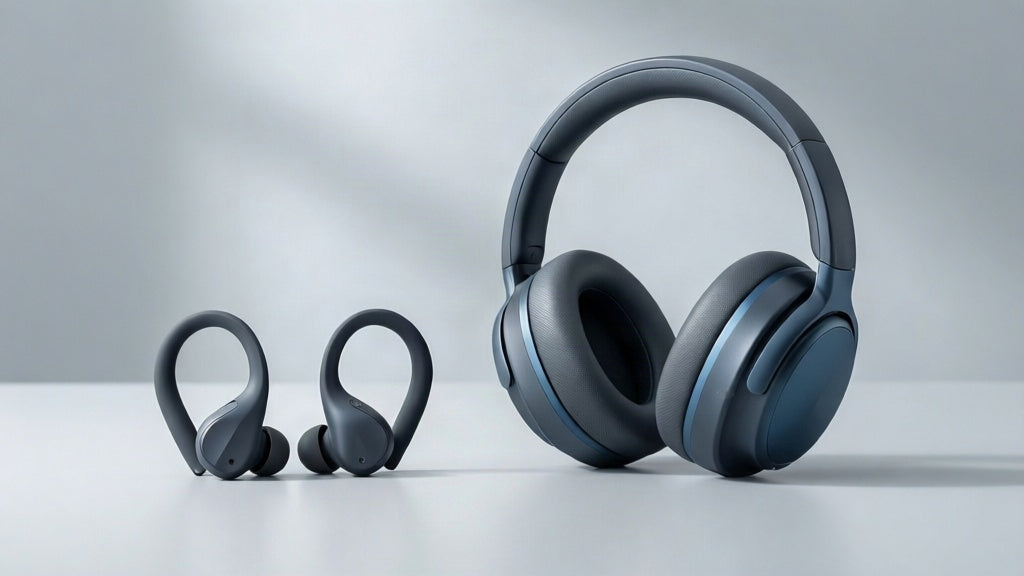 Open-ear wireless earbuds and over-ear headphones side by side — BUGANi earbuds vs headphones comparison