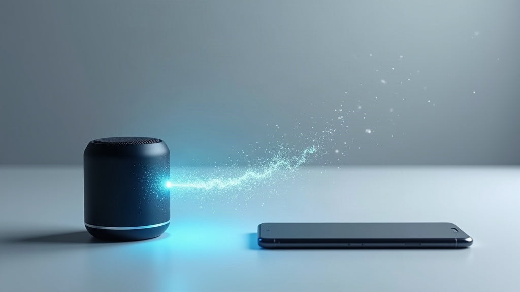 A matte-black portable Bluetooth speaker on a light studio surface with a smartphone a short distance away, the wireless signal between them breaking into fragments