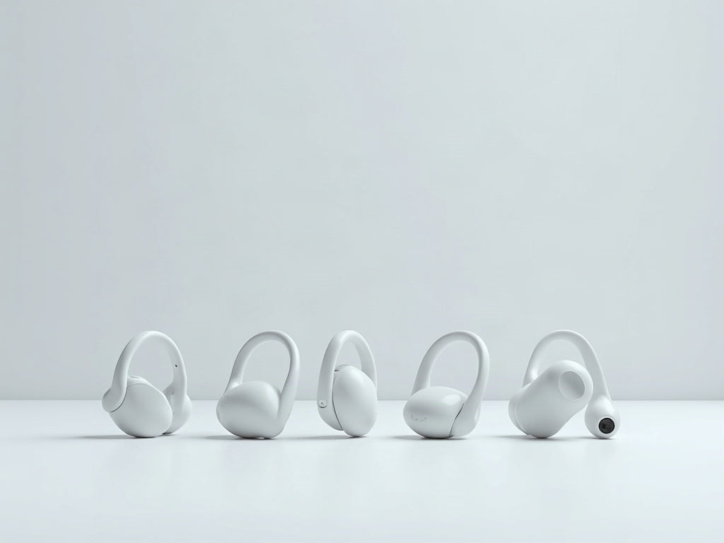 Six BUGANi open-ear wireless earbuds with ear-hook designs arranged on a light gray surface