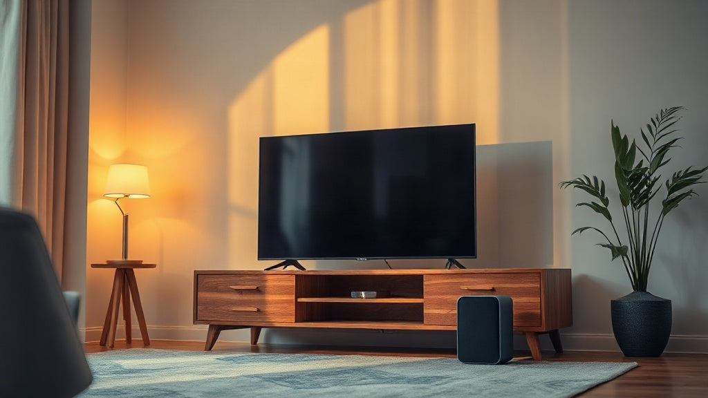 A black portable bluetooth speaker sitting on a wooden media console beside a television, ready to be paired for TV audio