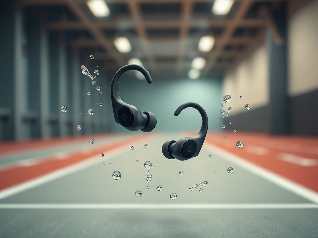 Open-ear wireless earbuds with ergonomic ear hooks in a workout setting with water droplets, illustrating IPX6 water resistance