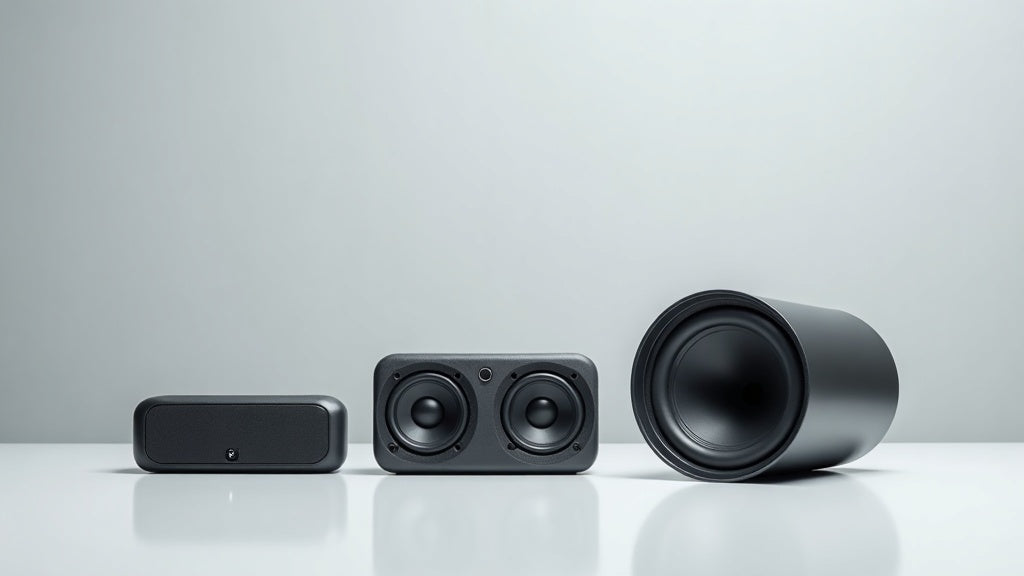 Three portable bluetooth speakers of different sizes and driver configurations on a clean studio backdrop