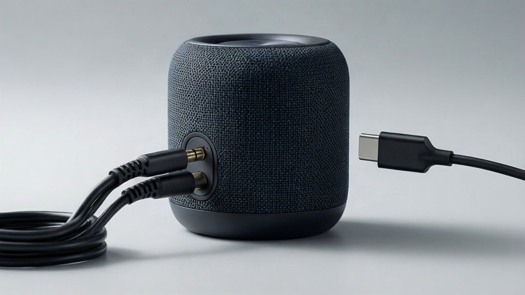 Portable Bluetooth speaker with an AUX cable and a USB-C cable plugged in, showing wired connection options
