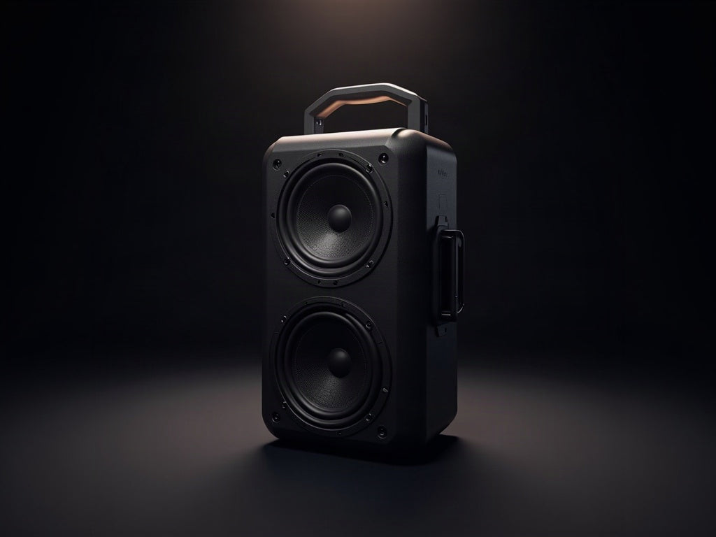 Premium portable Bluetooth speaker with dual subwoofers and carrying handle in a dark studio setting