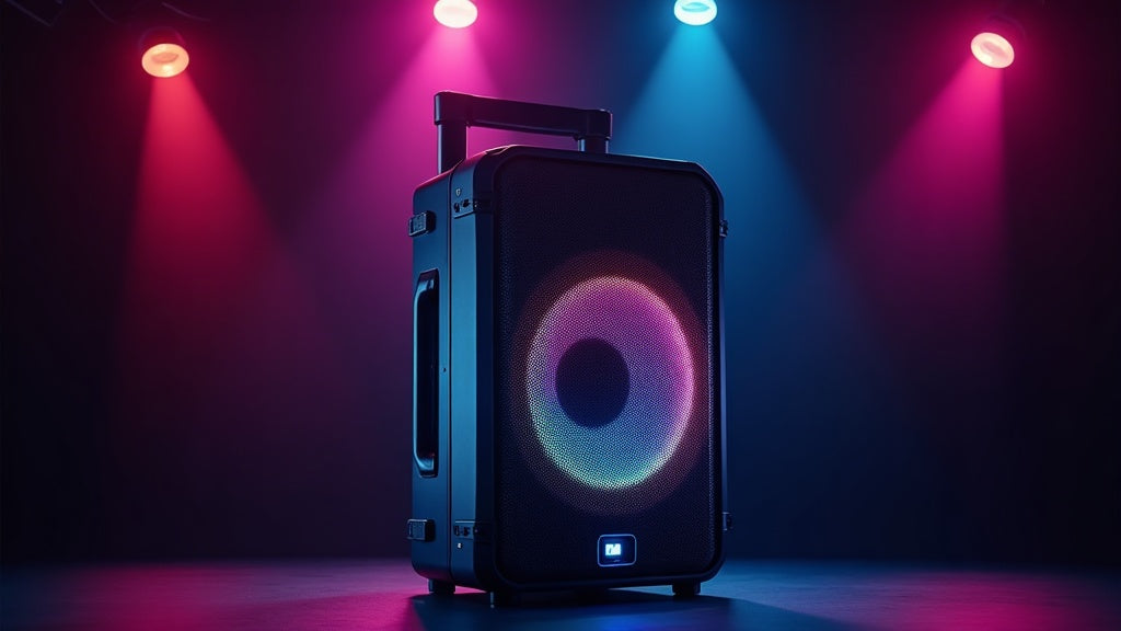 Large portable party Bluetooth speaker with RGB lighting and metal handle