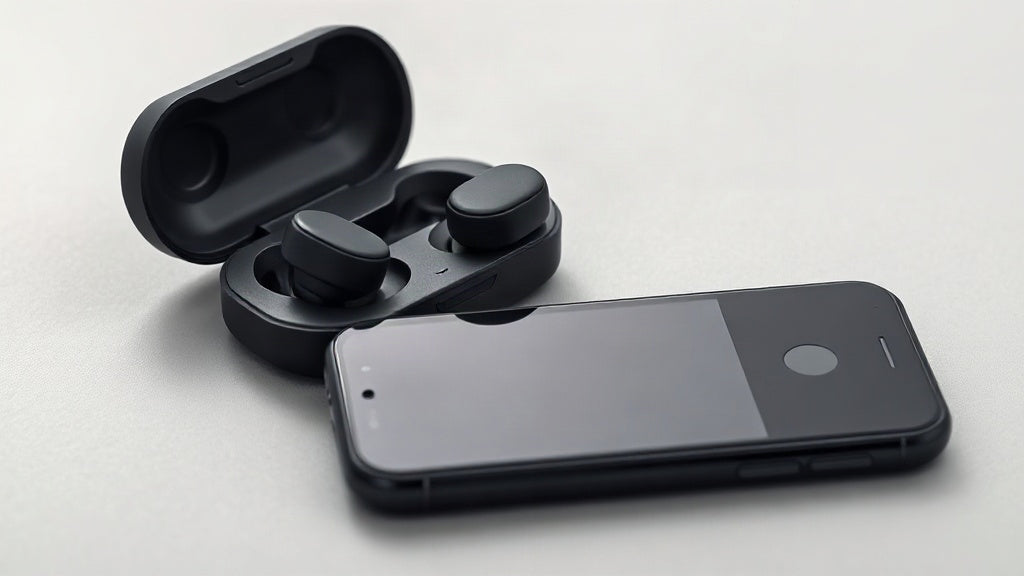 Black BUGANi open-ear clip-on earbuds resting on their charging case beside a smartphone on a pale studio surface
