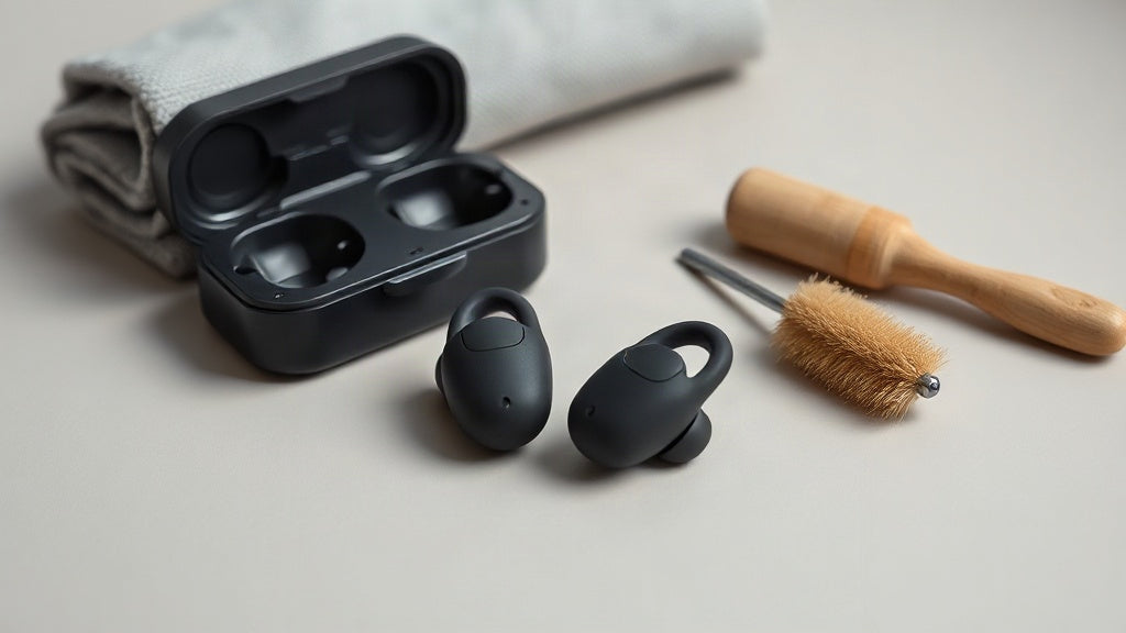 Open-ear clip-on wireless earbuds and charging case next to a microfibre cloth and a soft cleaning brush on a light grey surface