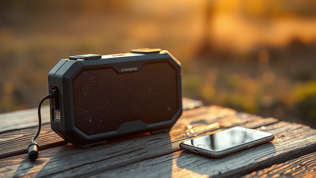 A rugged portable Bluetooth speaker on weathered wood outdoors, with water beaded on the grille and a smartphone beside it