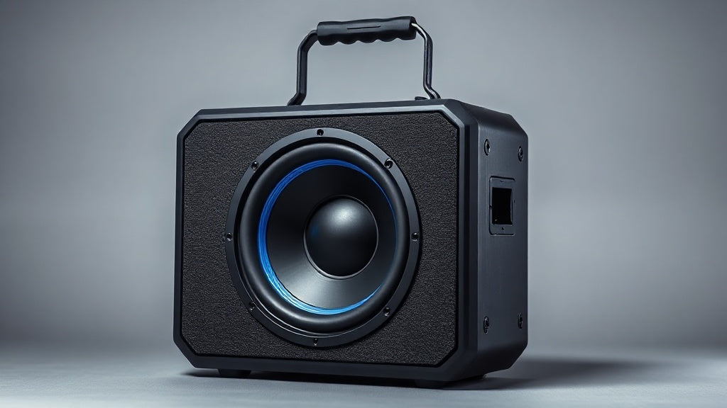 Portable Bluetooth speaker with a large subwoofer driver on a light studio background