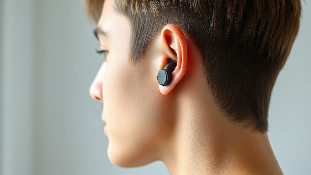 Open-ear wireless earbud with a slim ear hook resting outside the ear canal for all-day comfort