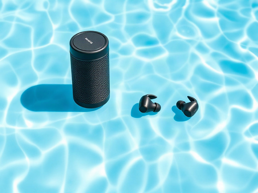 Portable Bluetooth speaker and open-ear earbuds beside poolside water, illustrating IPX6 vs IPX7 water-resistance ratings