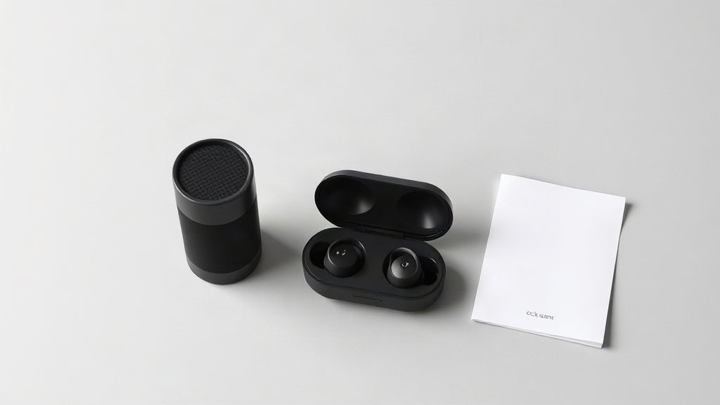 BUGANi portable Bluetooth speaker, open-ear earbuds with charging case and a folded quick-start booklet arranged on a light grey studio background