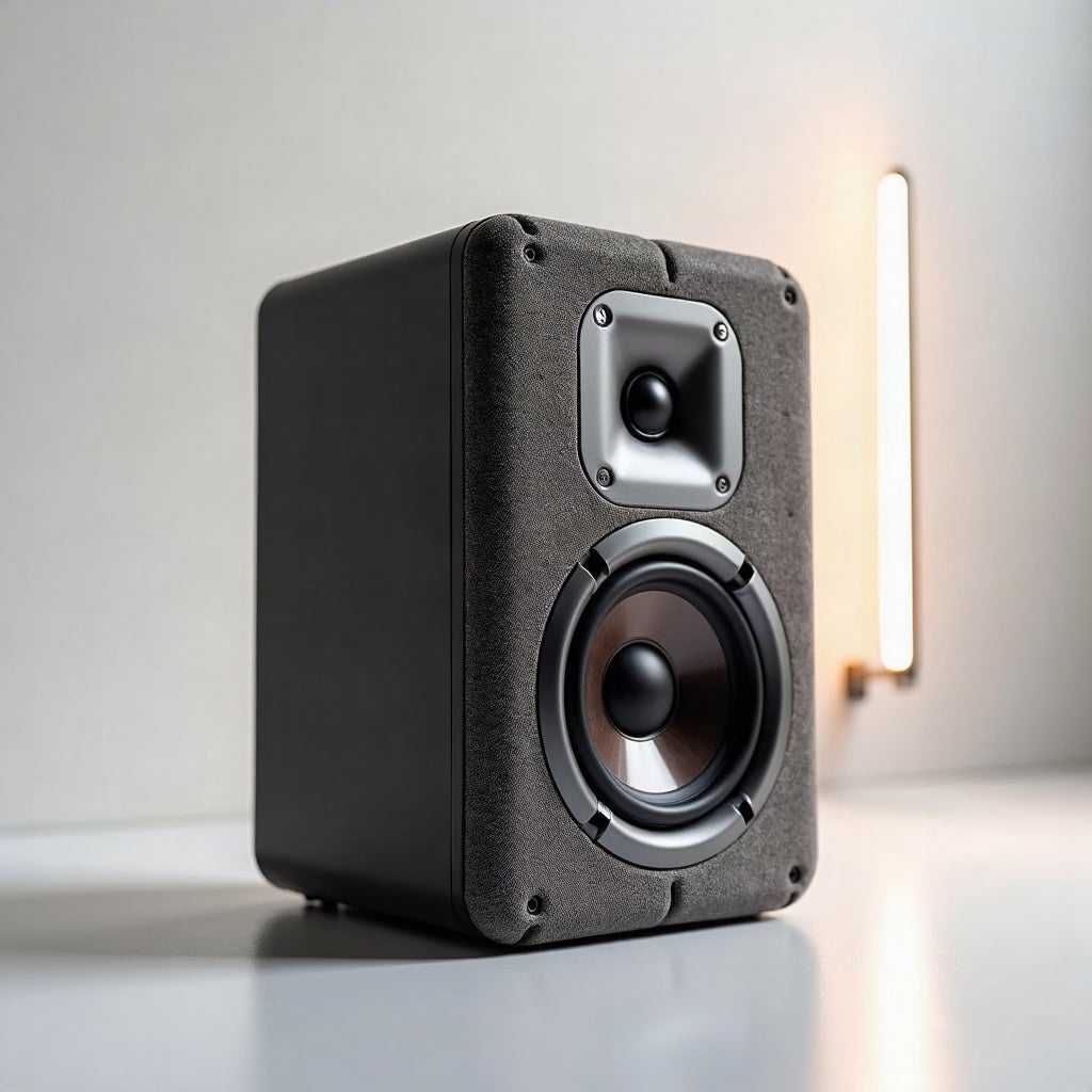 BUGANi Brief Plus portable Bluetooth speaker with subwoofer and tweeters on a white background