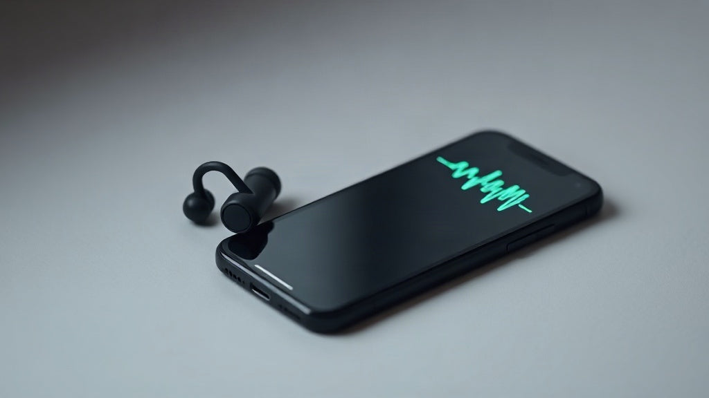Open-ear wireless earbuds next to a smartphone showing a green pulse waveform on a clean studio surface