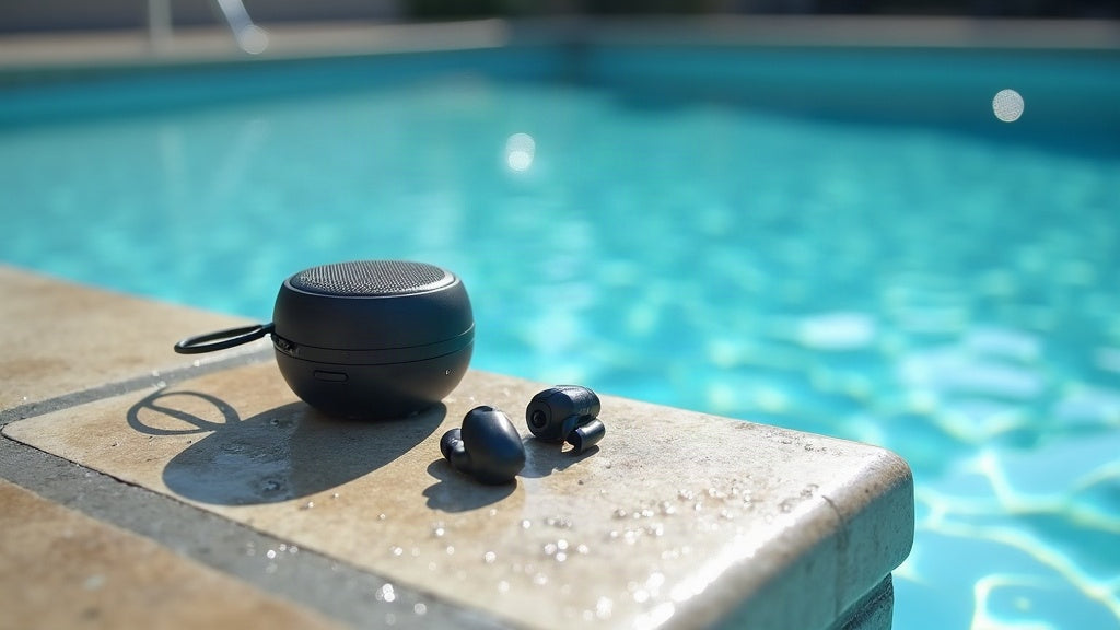 Waterproof bluetooth speaker and open-ear earbuds beside a pool with water splash