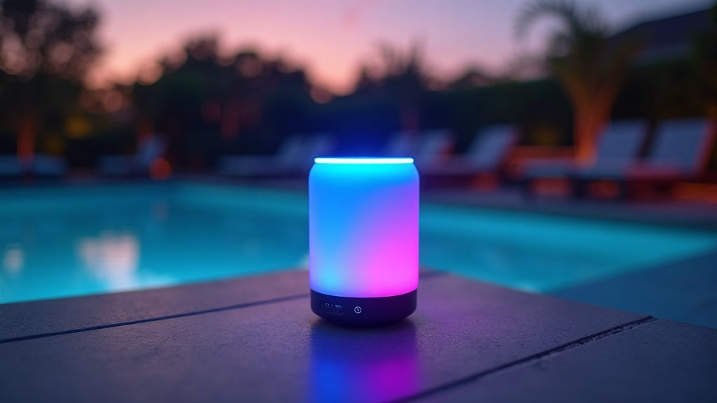 Compact portable bluetooth speaker with glowing RGB light ring on a dark surface at dusk
